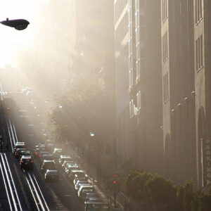 Looking up California Street to Nob Hill with fog, naturally